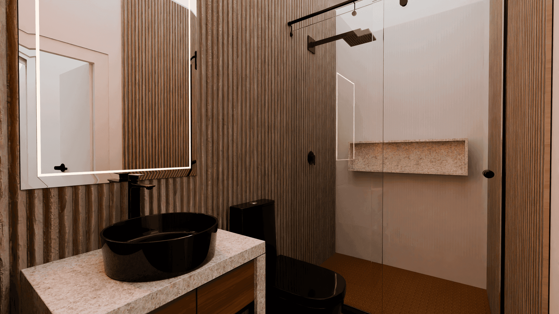 Modernes Badezimmer mit schwarzem Waschbecken, Duschkabine und geriffelter Wandverkleidung.