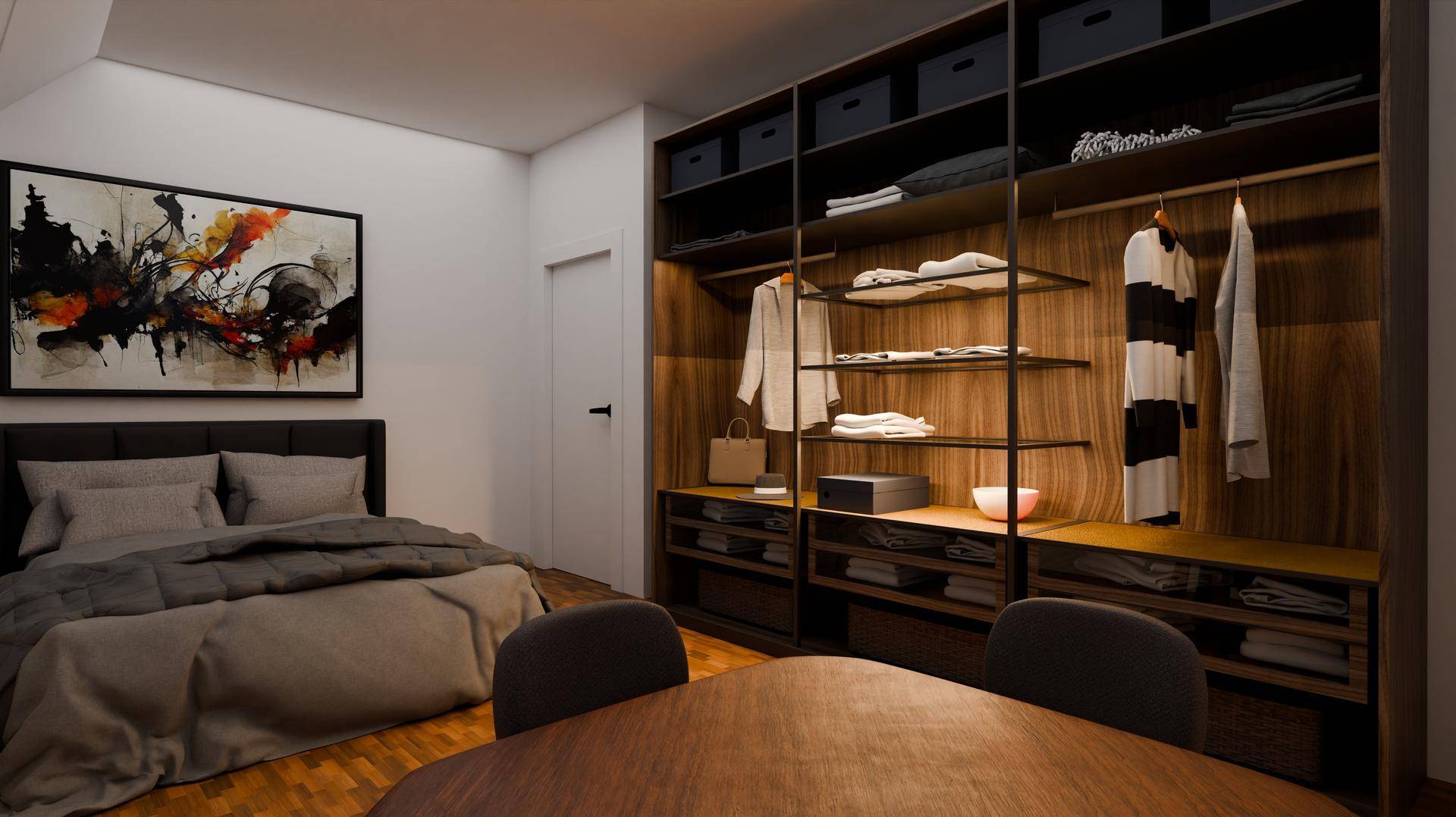 Schlafzimmer mit integriertem Ankleidebereich und Holzboden.