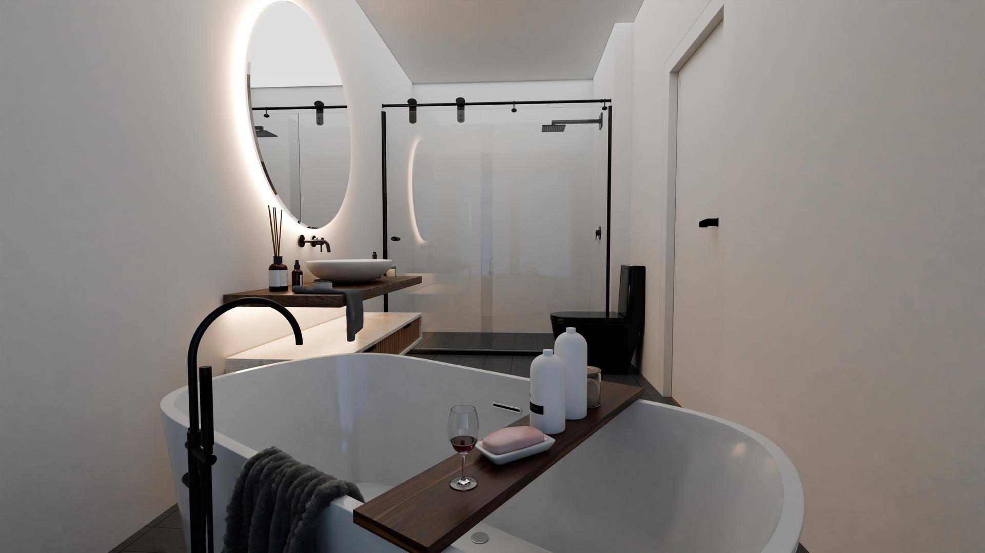 Luxuriöses Badezimmer mit freistehender Badewanne, begehbarer Dusche und modernem Design.