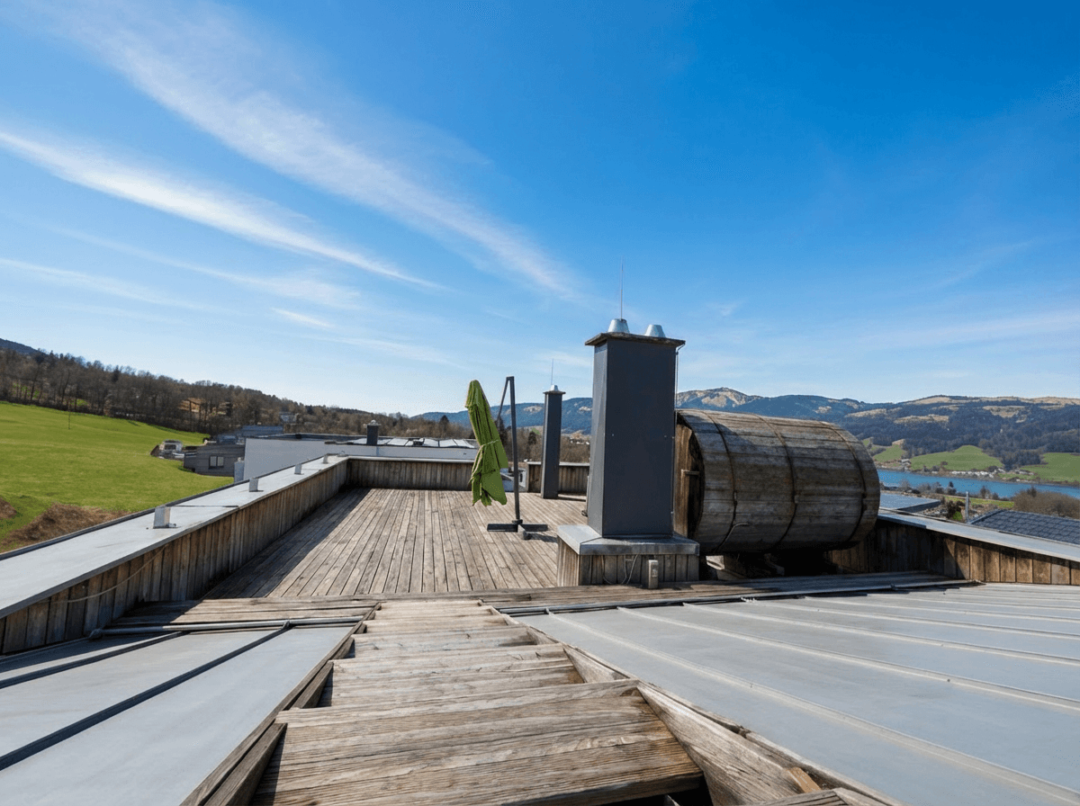 Weitläufige Dachterrasse mit Holzbelag und Panoramablick auf die umliegende Landschaft und den See.