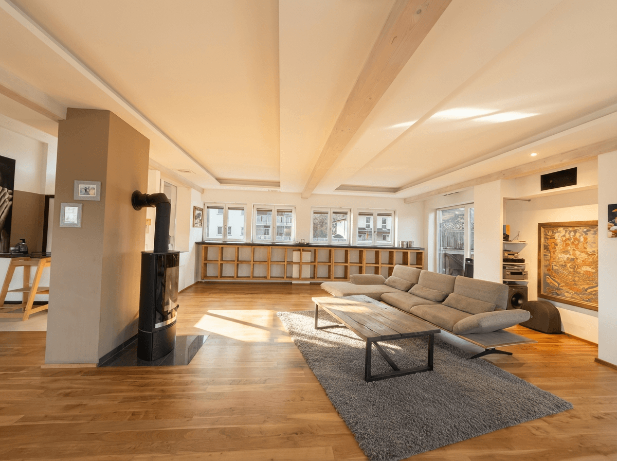 Geräumiges Wohnzimmer mit Holzboden, Kaminofen und bequemer Couch, ideal für entspannte Abende.