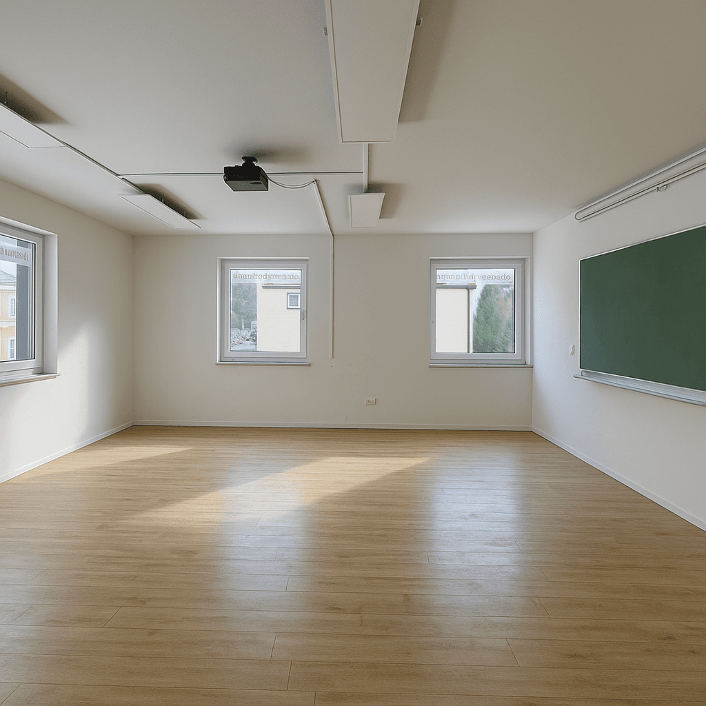 Heller Raum mit Laminatboden, großen Fenstern und einer Tafel, ideal als Büro oder Hobbyraum.