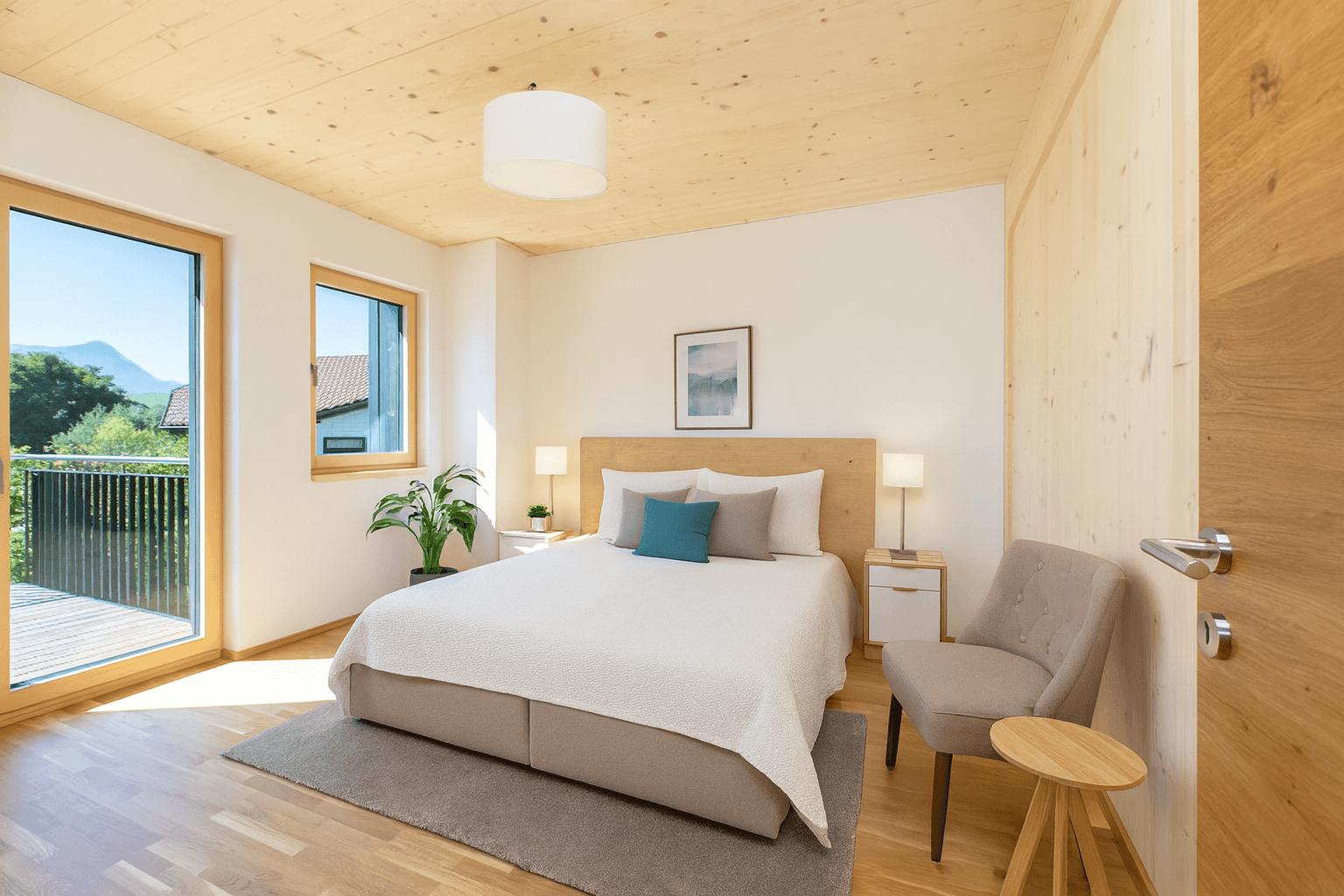 Helles Schlafzimmer mit Holzboden, Balkonzugang und malerischem Bergblick.