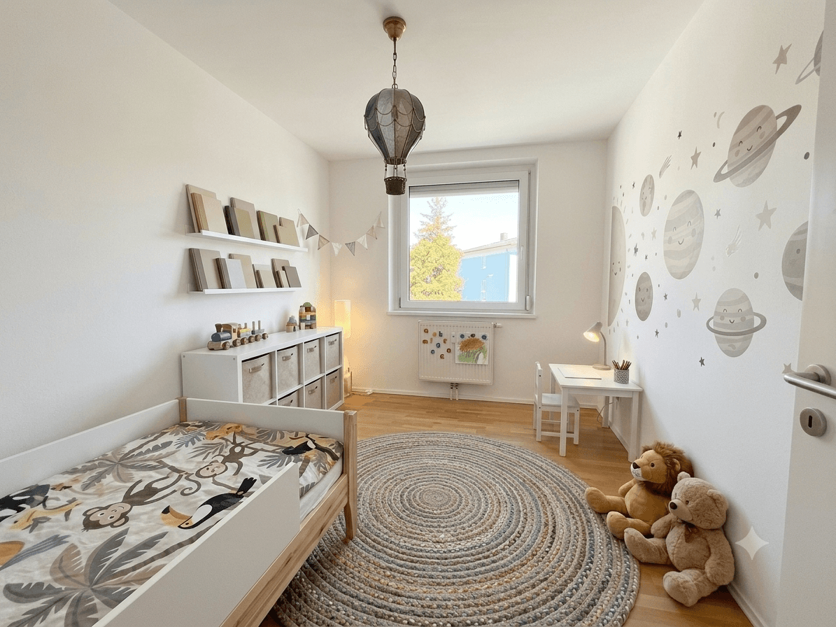 Kinderzimmer mit Einzelbett, Spielzeugregal, Schreibtisch und verspielter Weltraum-Wanddekoration.