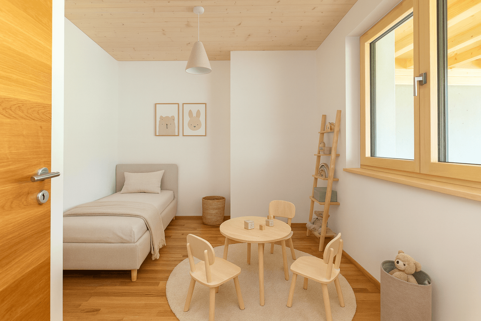 Kinderzimmer mit Holzboden, Einzelbett und einem kleinen Spielbereich mit Tisch.