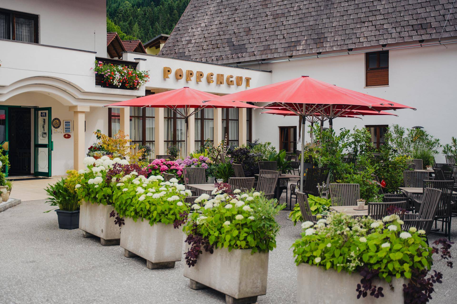 Gemütlicher Außenbereich mit roten Sonnenschirmen, Tischen und Stühlen, umgeben von Blumenbeeten.
