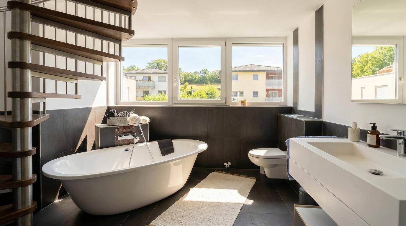 Modernes Badezimmer mit freistehender Badewanne, dunklen Fliesen und großer Fensterfront.