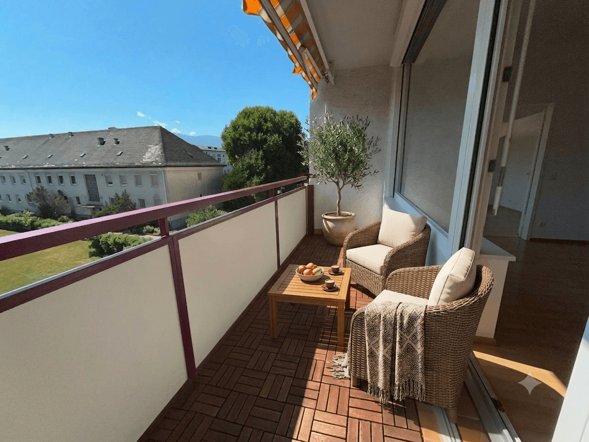 Gemütlicher Balkon mit Holzboden, Sitzgelegenheiten und Blick auf eine Grünfläche und Gebäude.