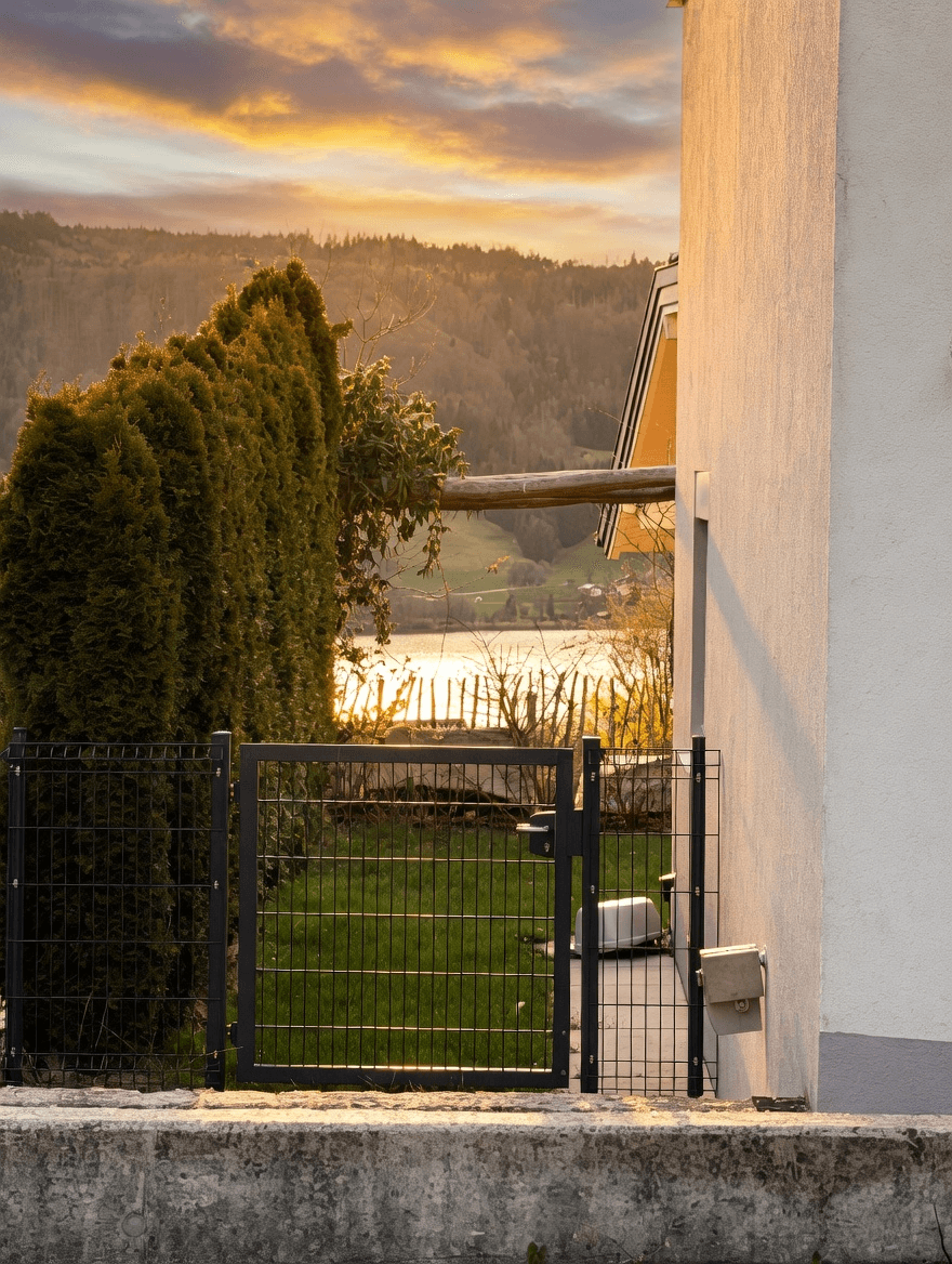 Seitlicher Blick auf das Haus mit einem kleinen Gartenbereich und einem Zaun bei Sonnenuntergang.
