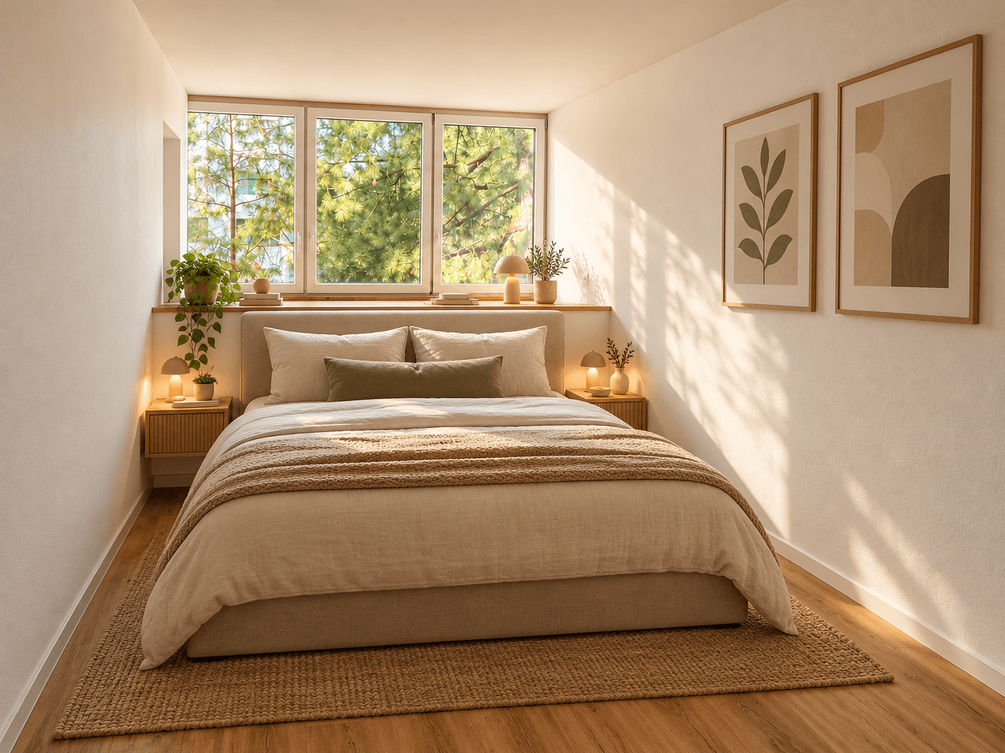 Helles Schlafzimmer mit großem Fenster, Holzboden und gemütlicher Einrichtung.