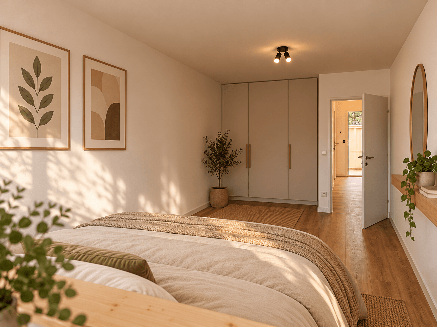Geräumiges Schlafzimmer mit Einbauschränken, Holzboden und Zugang zum Flur.