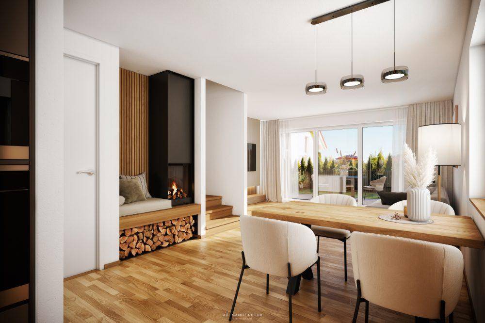 Einladender Wohn-Essbereich mit Kamin, Holztisch und Blick auf den Außenbereich.