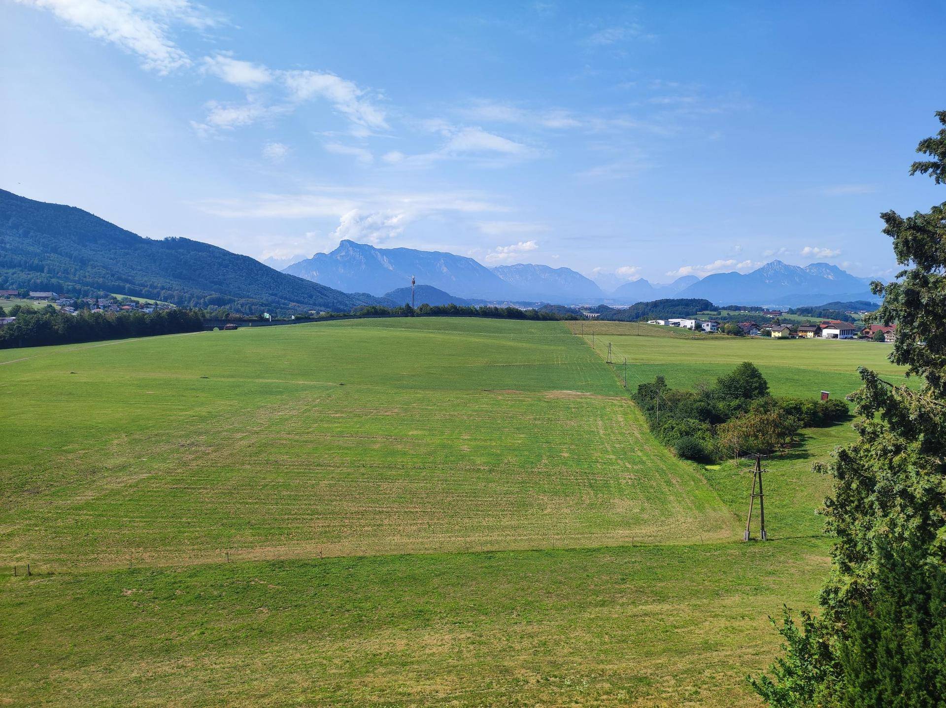 Weitläufige grüne Felder mit sanften Hügeln und majestätischen Bergen im Hintergrund unter klarem Himmel.