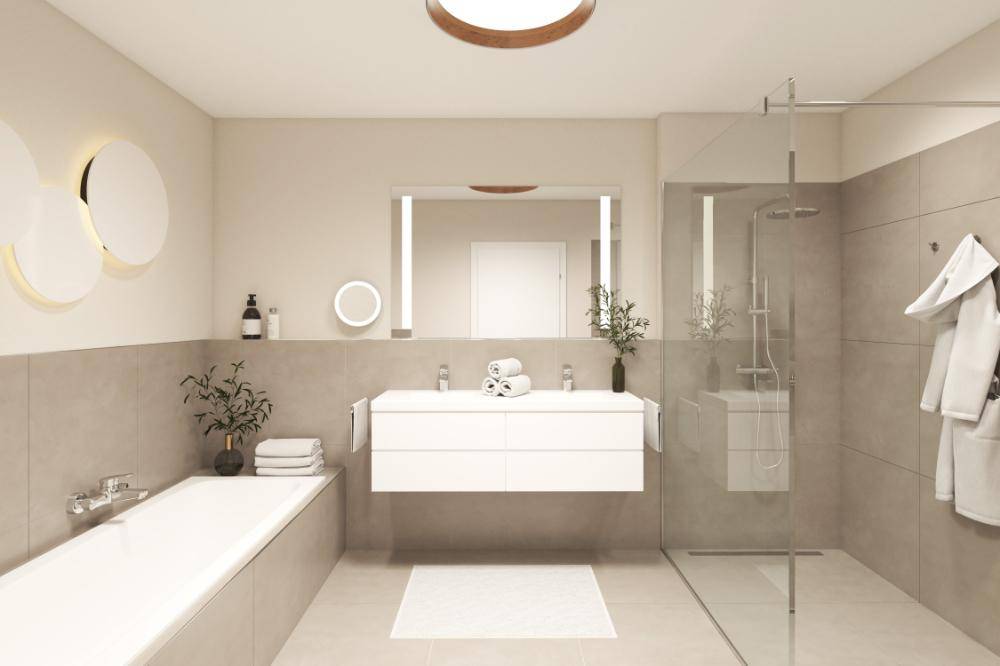 Modernes Badezimmer mit Doppelwaschbecken, Badewanne und geräumiger begehbarer Dusche.