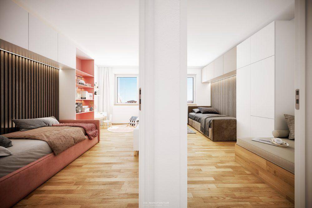 Modernes Schlafzimmer mit zwei Betten, integrierten Schränken und hellem Holzfußboden.