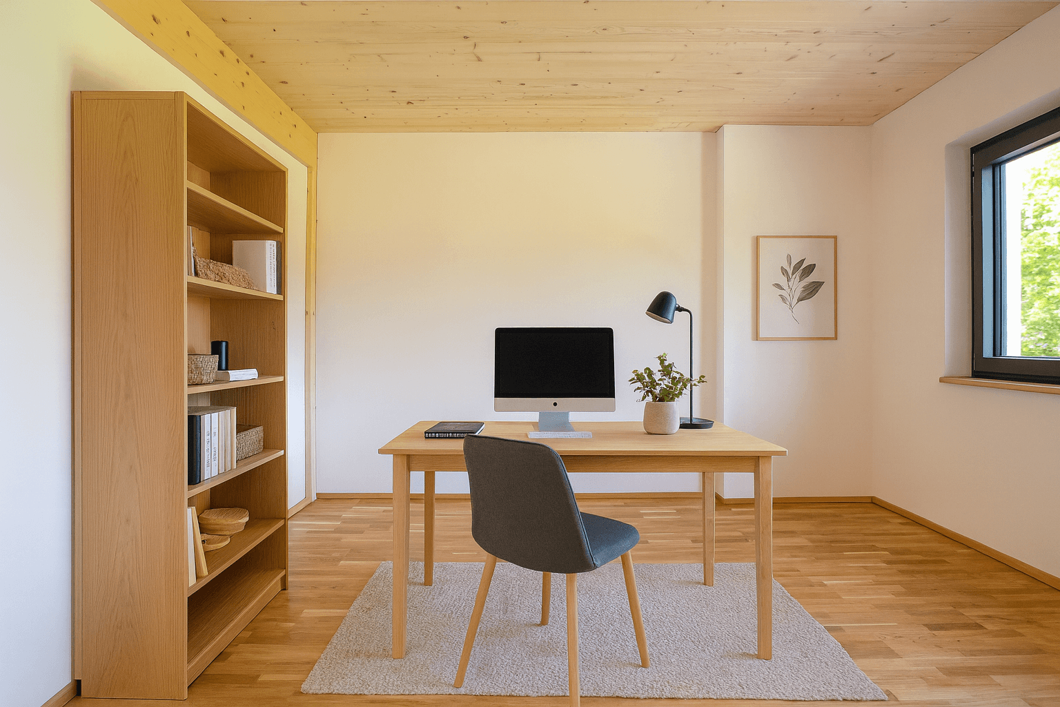 Helles Arbeitszimmer mit Holzboden, großem Fenster und integriertem Bücherregal.