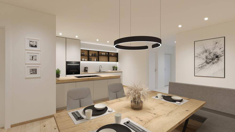 Moderne Küche mit integrierten Geräten und angrenzendem Essbereich mit Holztisch.