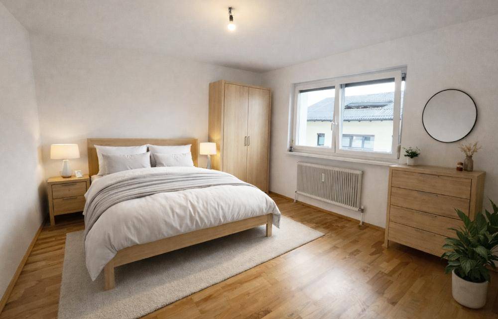 Gemütliches Schlafzimmer mit Holzbett, passenden Nachttischen und Kleiderschrank, hell und einladend.