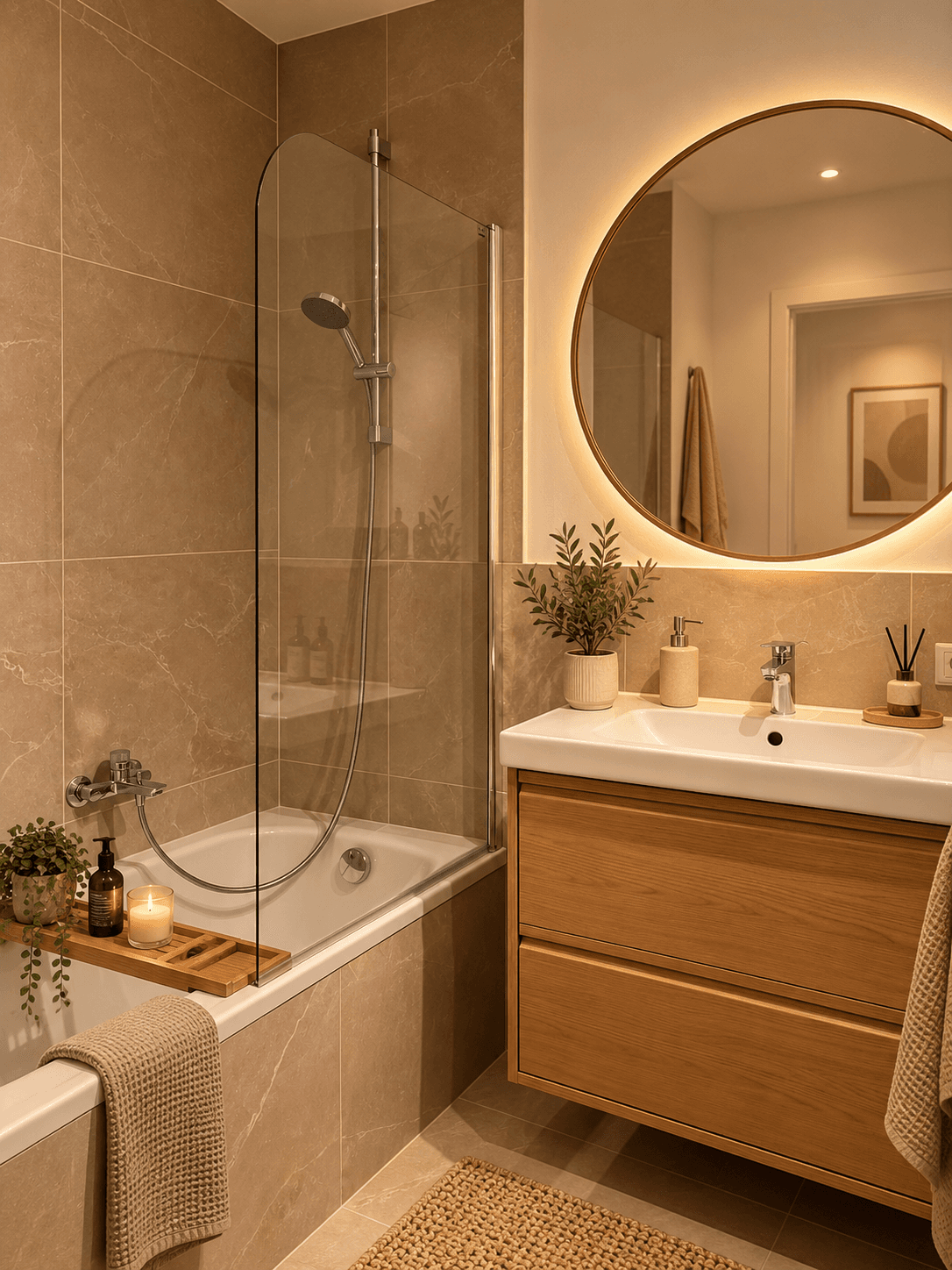 Modernes Badezimmer mit Badewanne, Duschabtrennung und beleuchtetem Spiegel.