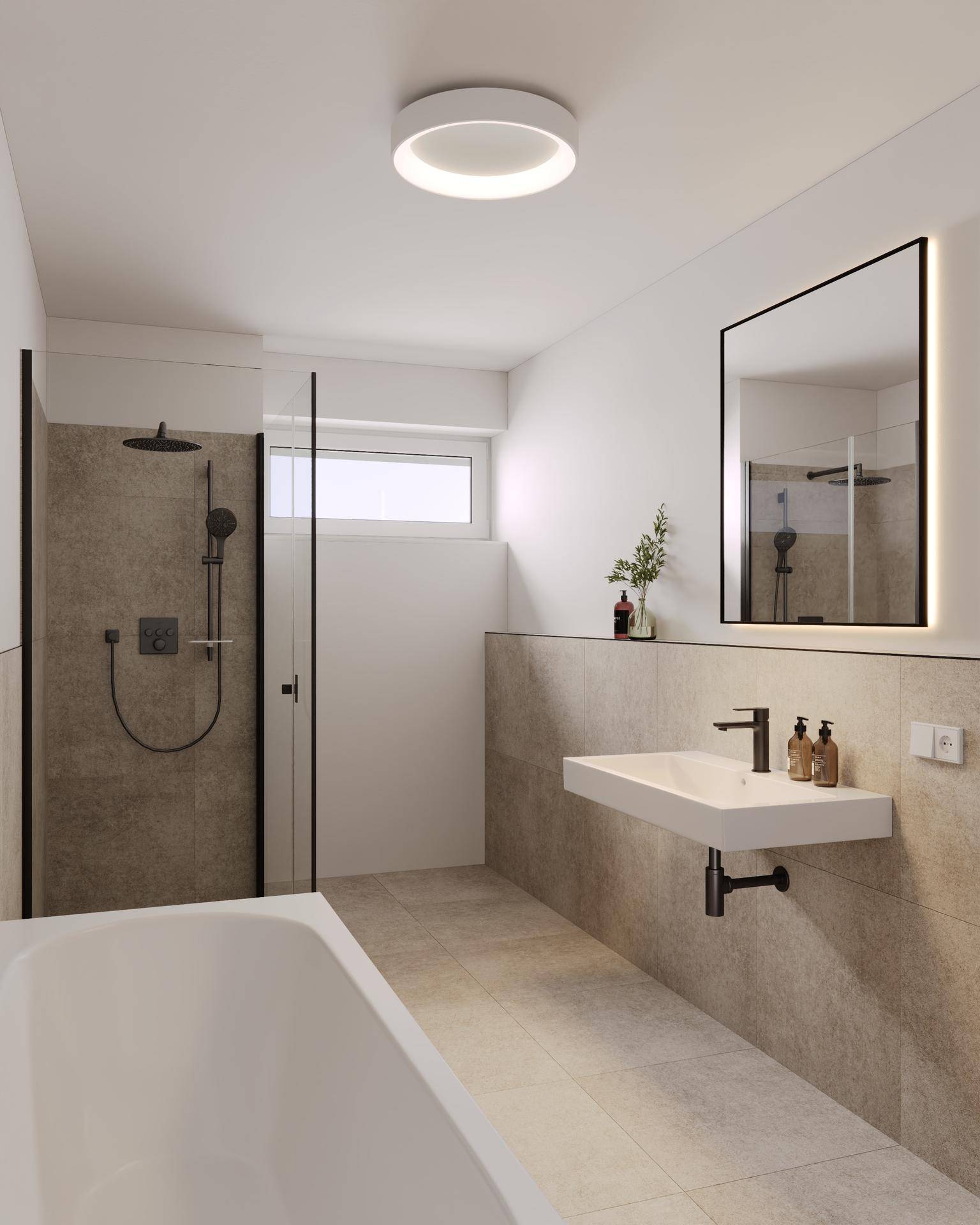 Modernes Badezimmer mit begehbarer Dusche, Badewanne und schwebendem Waschtisch.