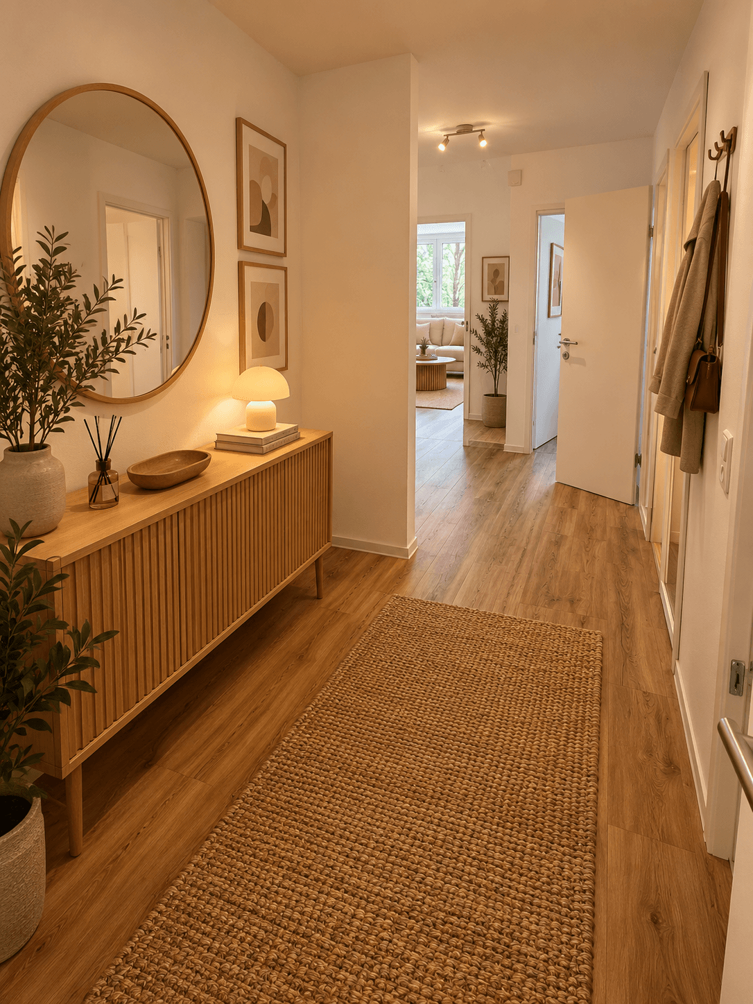 Einladender Flur mit Spiegel, Holzkommode und Blick in den Wohnbereich.