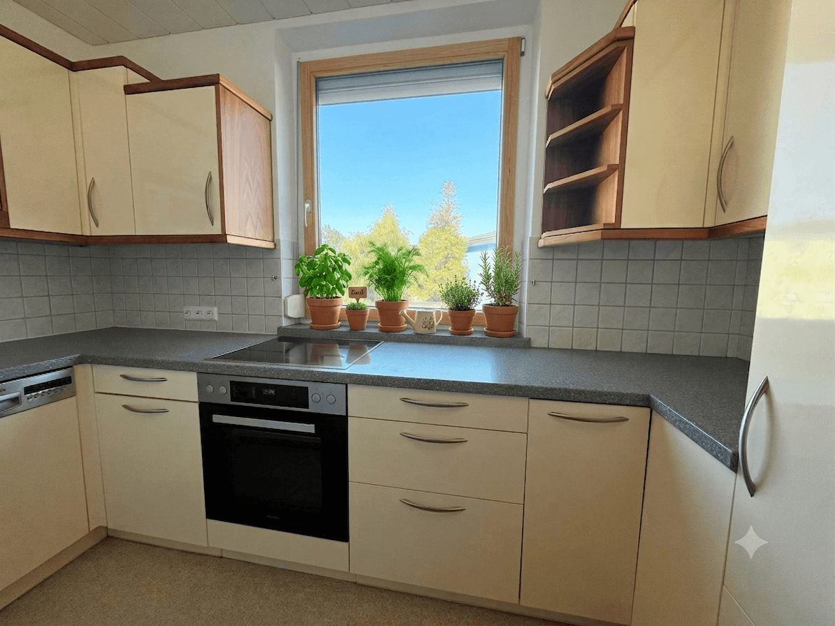 Funktionale Küche mit hellen Schränken, grauer Arbeitsplatte, Induktionskochfeld und Fenster mit Pflanzen.