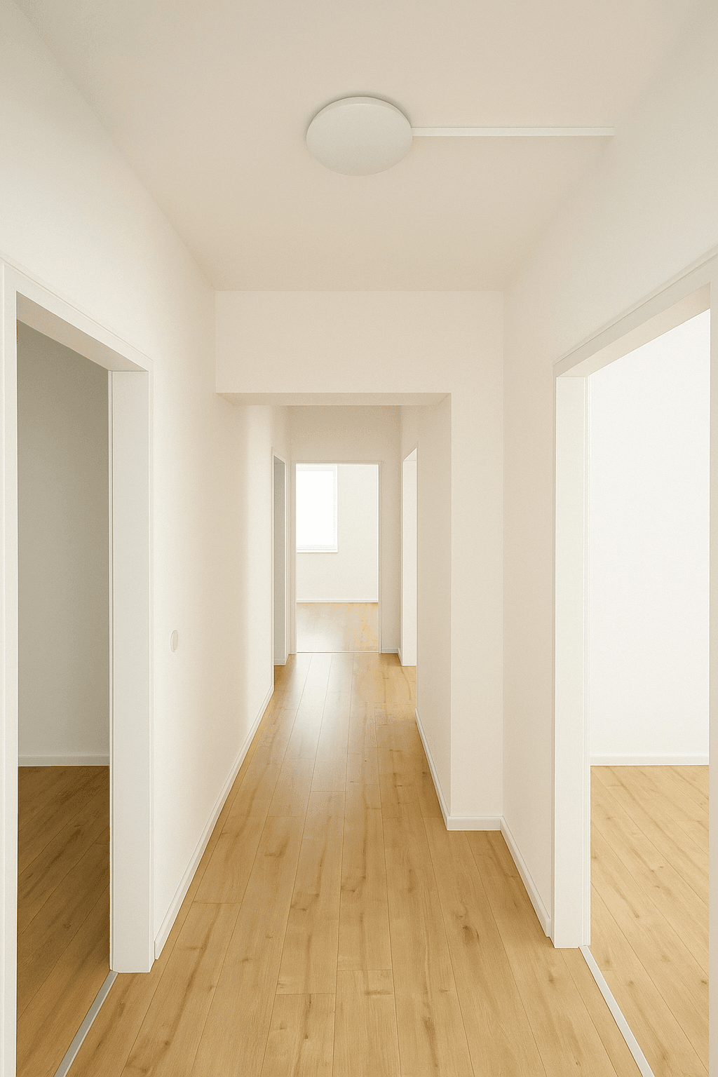 Heller Flur mit modernem Laminatboden und weißen Wänden, der zu mehreren Zimmern führt.