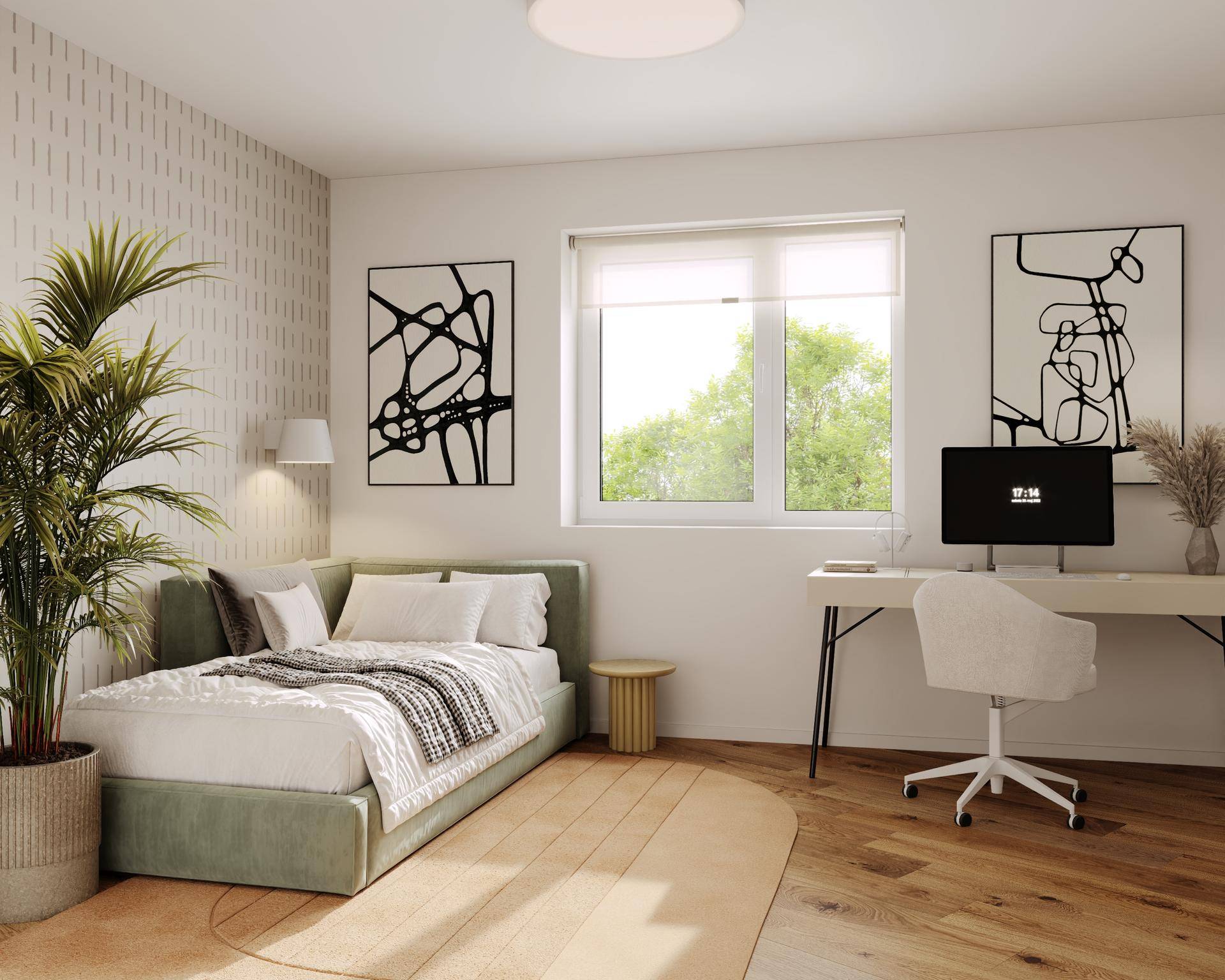 Helles Schlafzimmer mit modernem Bett, Schreibtisch und großem Fenster mit Grünblick.