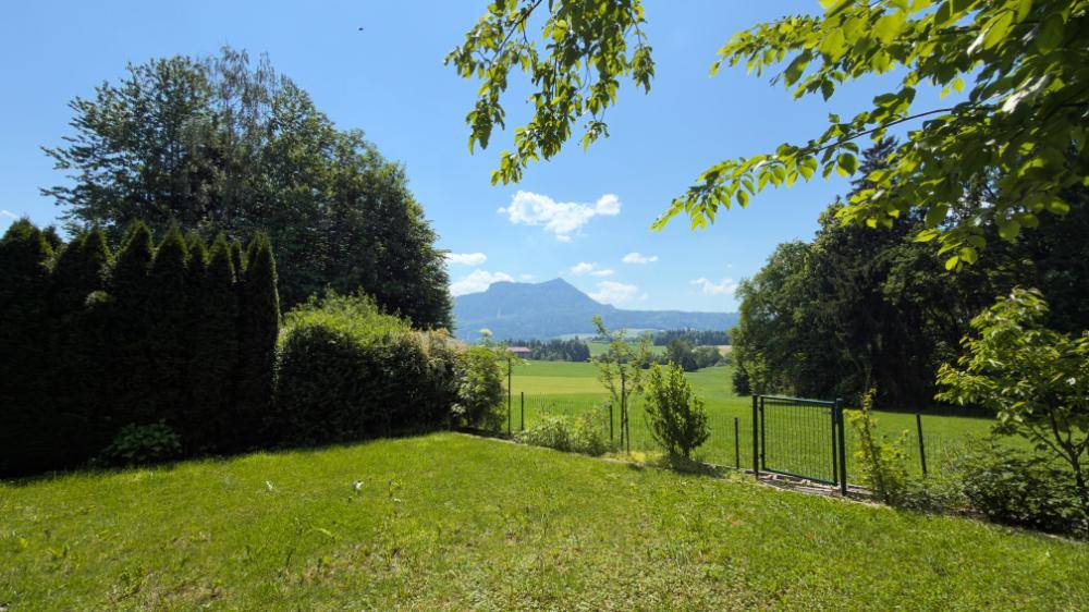 Weitläufiger Garten mit Rasen, Hecken und einem malerischen Blick auf die Berge.