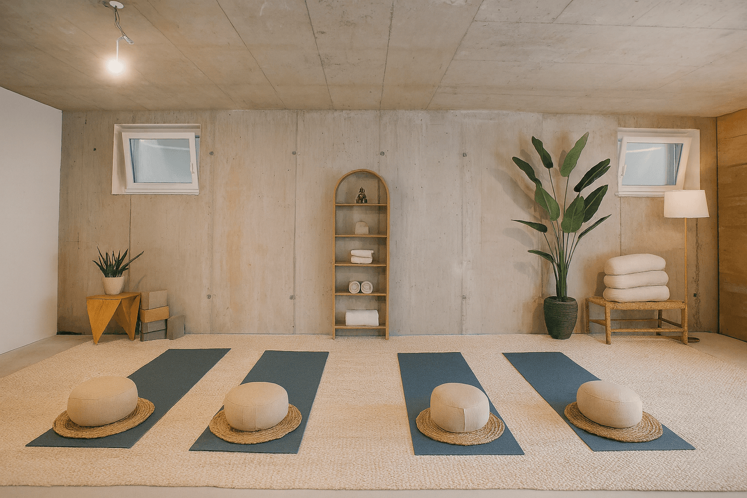 Heller Wellnessbereich im Keller mit Yogamatten, Meditationskissen und Pflanzen.