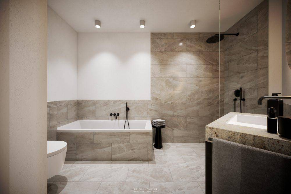 Modernes Badezimmer mit Badewanne, begehbarer Dusche und großformatigen Fliesen.