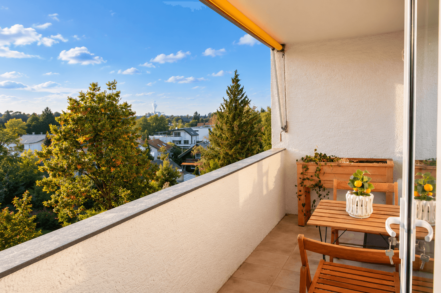 Sonniger Balkon mit Gartenmöbeln und weitem Blick über die Dächer und grüne Umgebung.