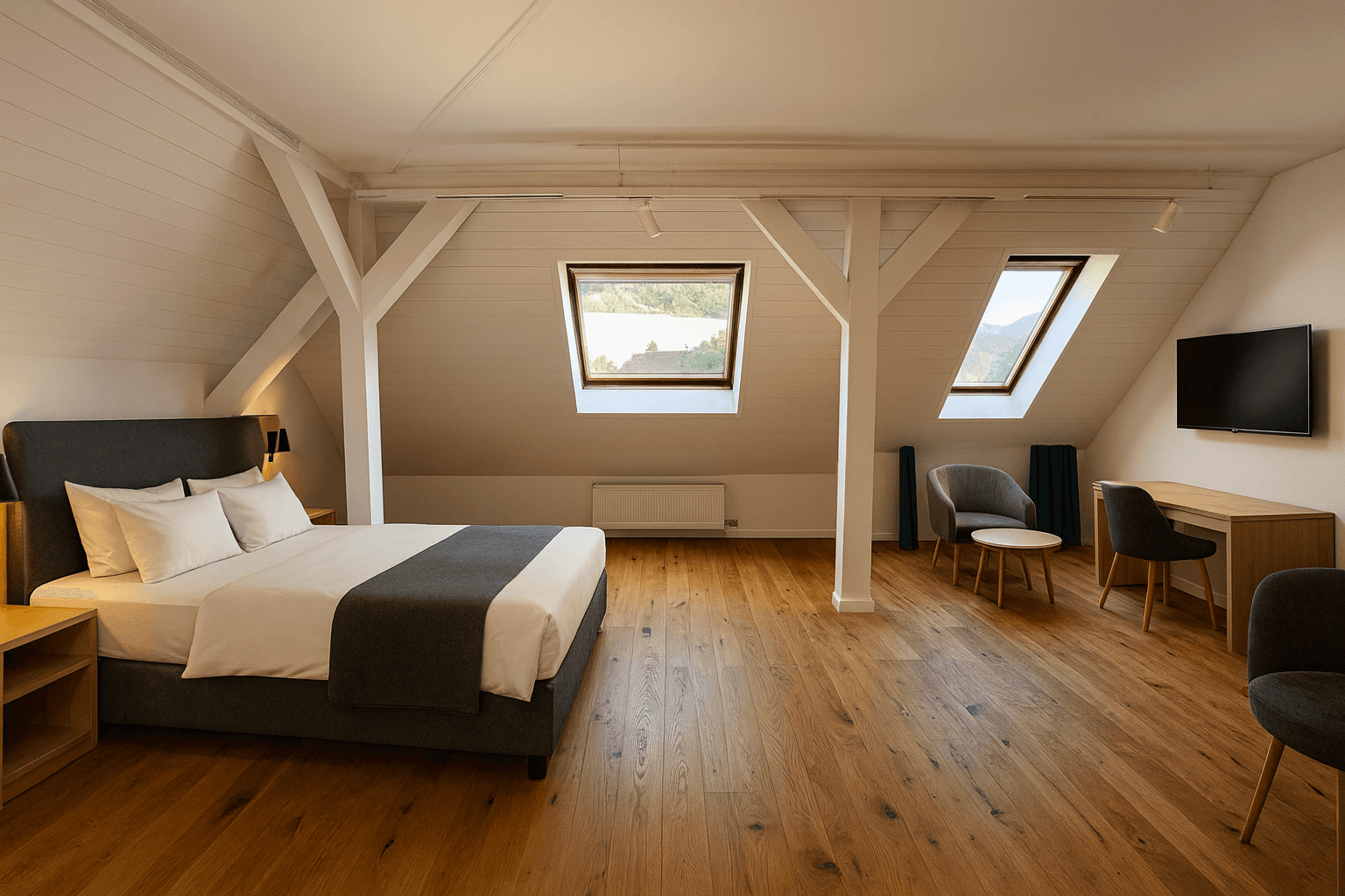 Geräumiges Schlafzimmer im Dachgeschoss mit Holzboden, sichtbaren Balken und mehreren Dachfenstern.