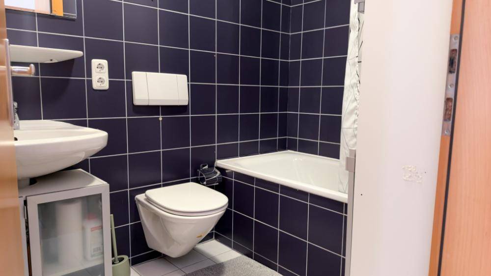 Kleines Badezimmer mit blauen Fliesen, wandhängendem WC und Waschbecken.