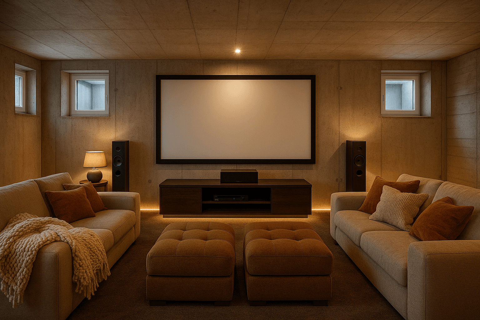 Gemütlicher Medienraum im Keller mit großer Leinwand und bequemen Sofas für Filmabende.