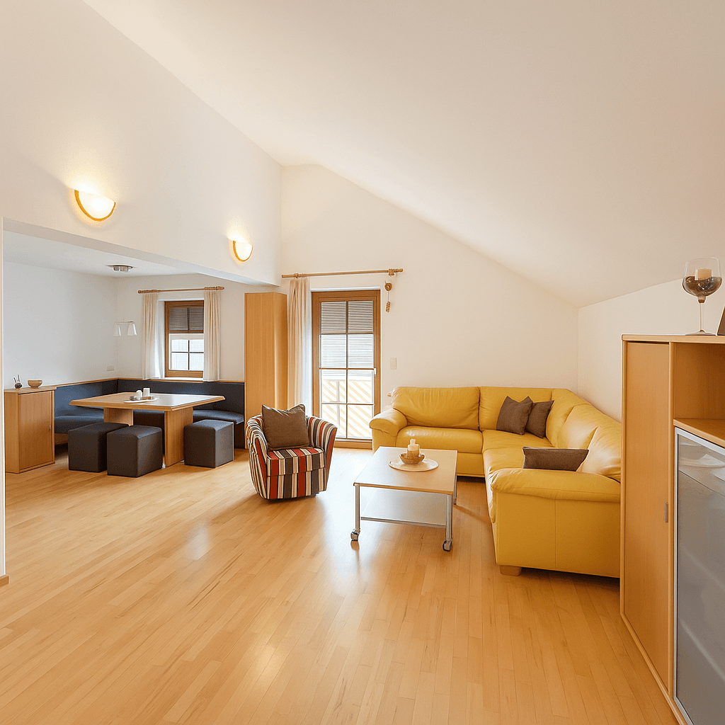 Heller Wohn- und Essbereich mit gelbem Sofa, Holzboden und Zugang zum Balkon.