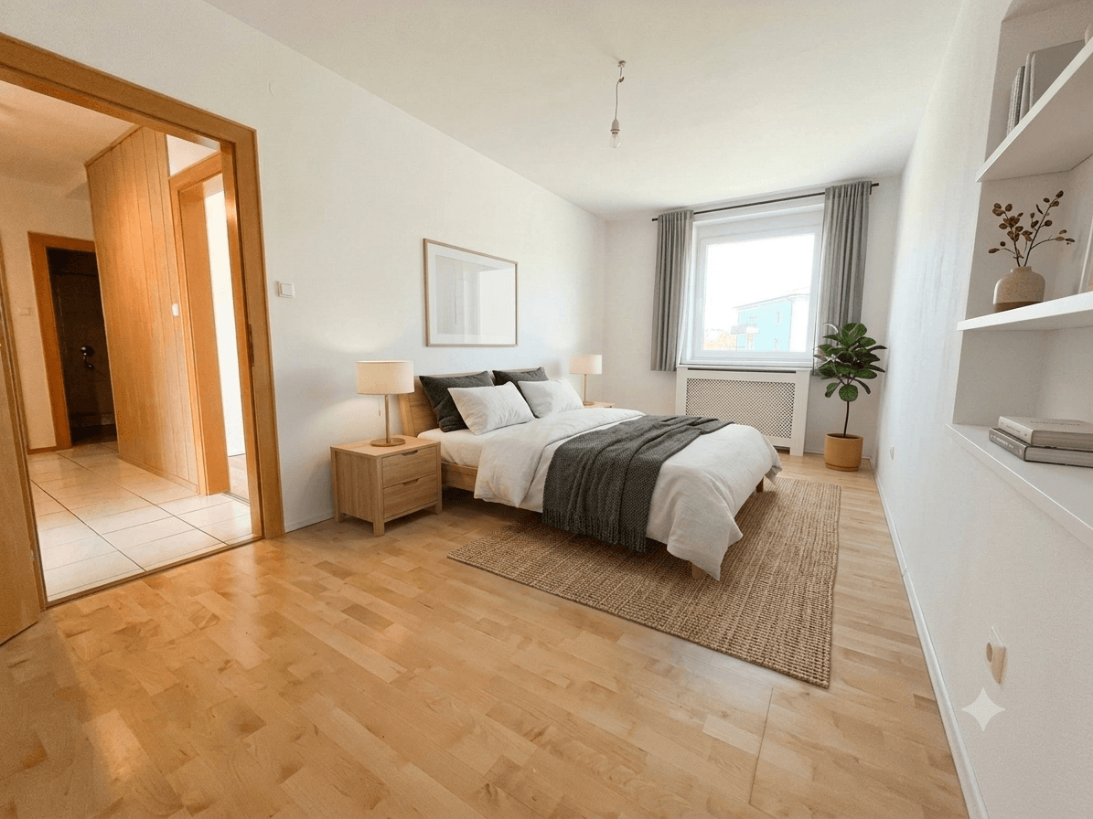 Helles Schlafzimmer mit Doppelbett, Nachttischen, Holzfußboden und Zugang zu einem gefliesten Flur.