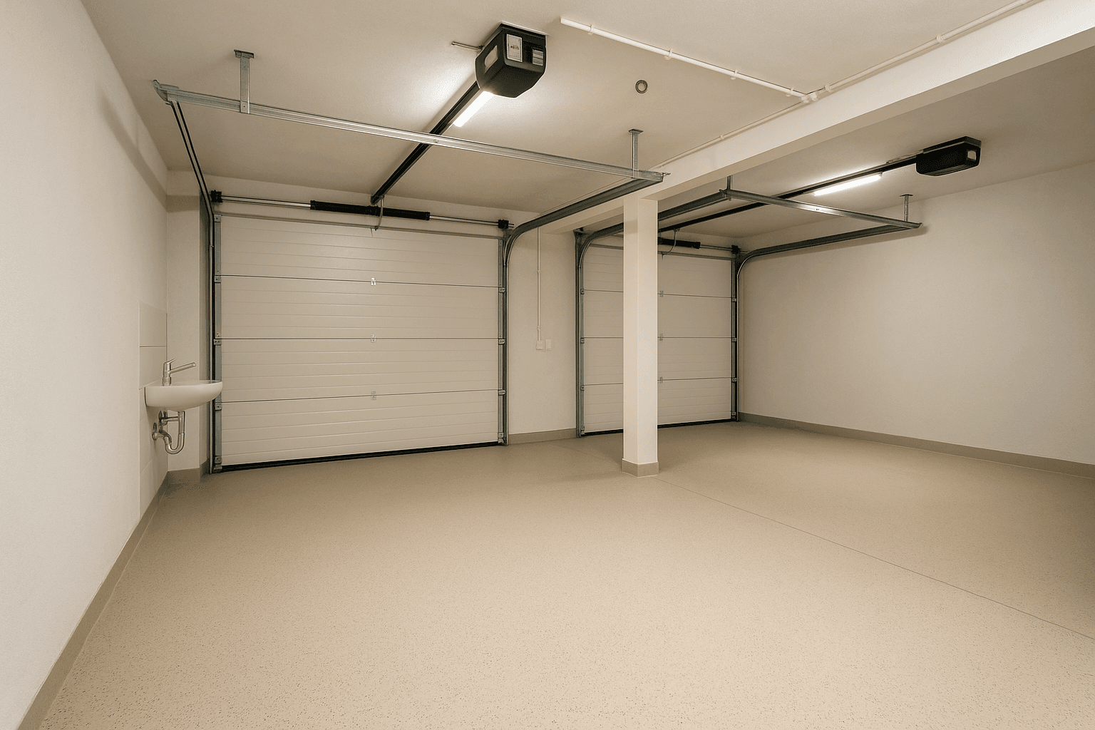 Geräumige Doppelgarage mit zwei Sektionaltoren und einem Waschbecken.
