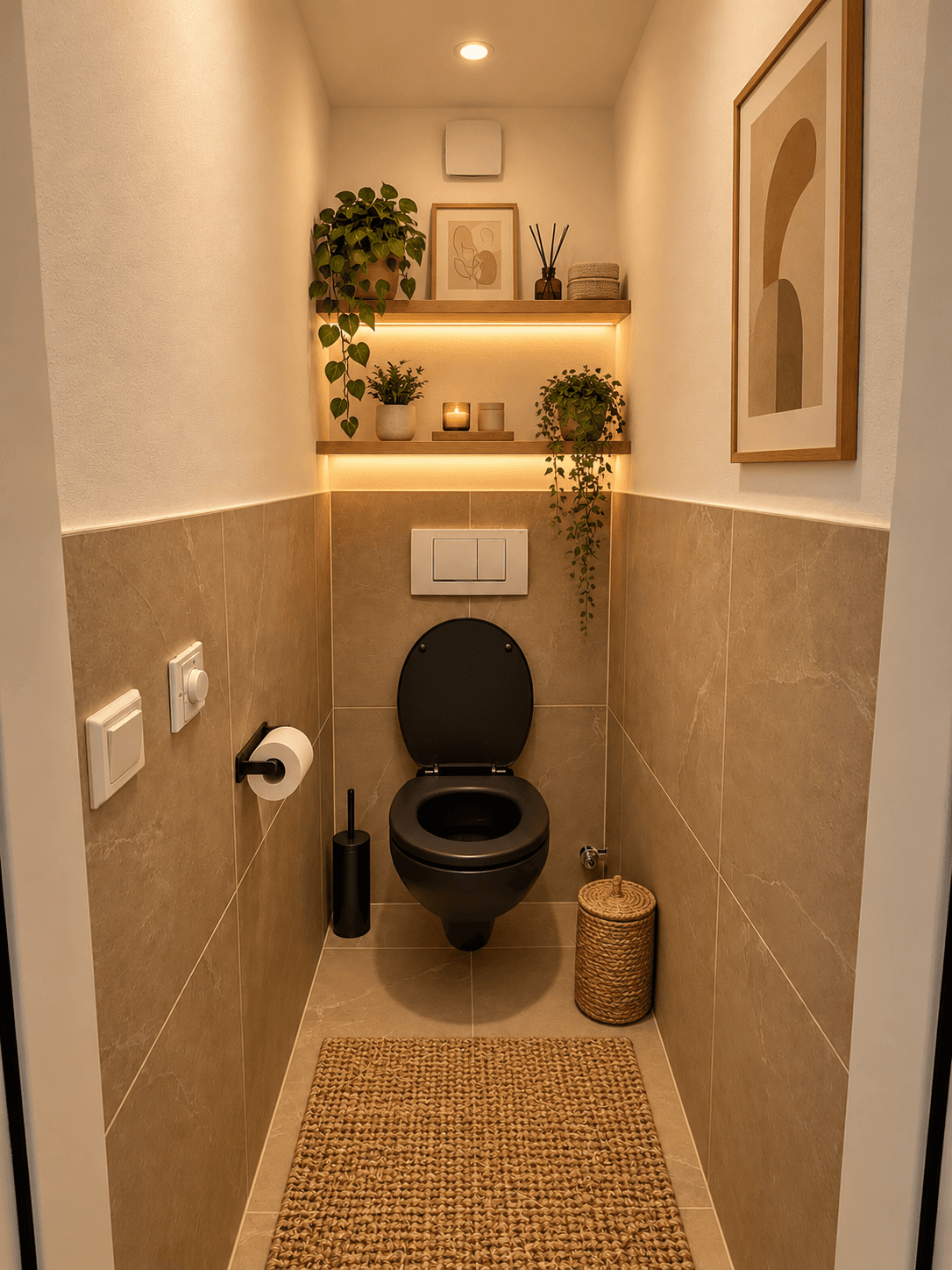 Stilvolles Gäste-WC mit dunkler Toilette, Fliesen und indirekter Beleuchtung.