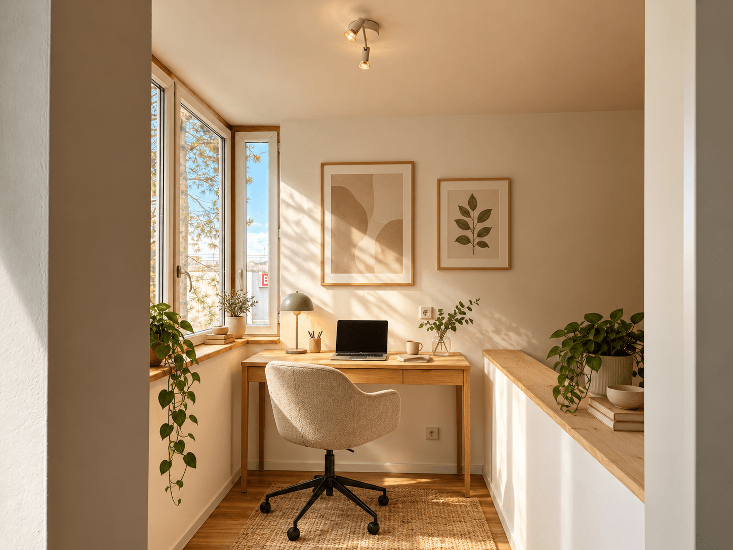 Helles Arbeitszimmer mit Schreibtisch, großem Fenster und viel Tageslicht.