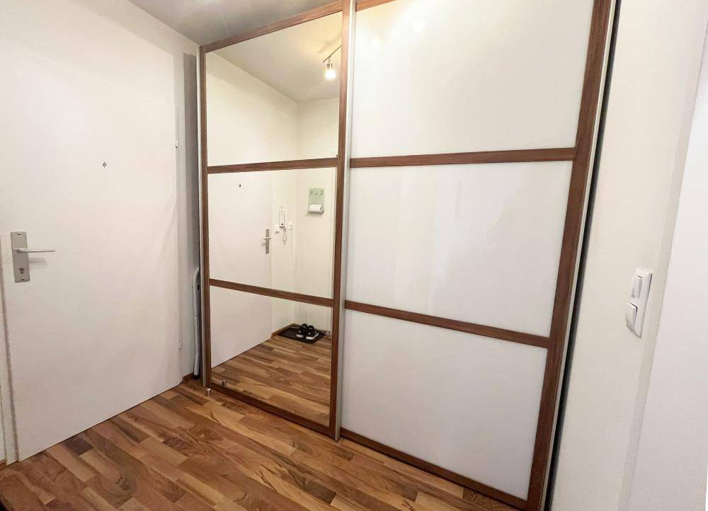 Eingangsbereich mit praktischem Spiegelschrank und Holzboden, der zusätzlichen Stauraum bietet.