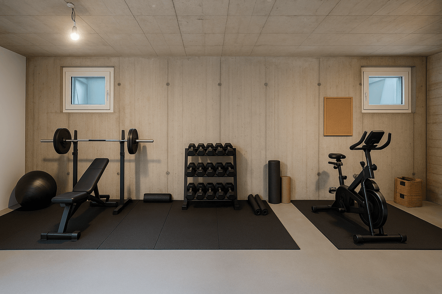 Gut ausgestatteter Fitnessraum im Keller mit Hanteln und verschiedenen Trainingsgeräten.