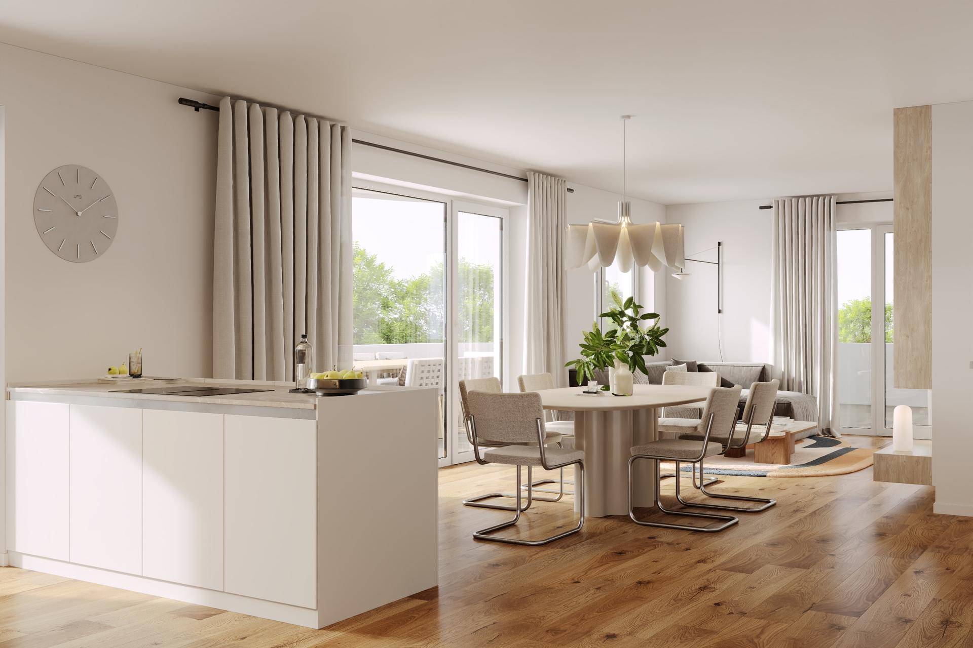 Offener Wohn- und Essbereich mit Holzboden, moderner Küche und Zugang zur Terrasse.
