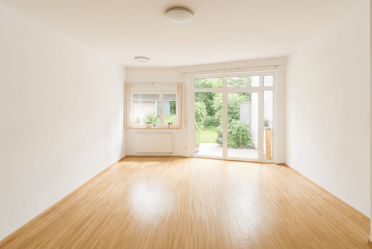 Helles Wohnzimmer mit Parkettboden und direktem Zugang zum grünen Garten.