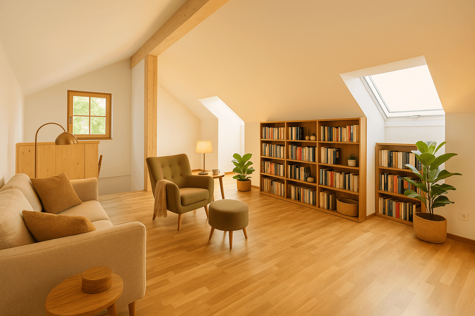 Gemütliches Wohnzimmer im Dachgeschoss mit Holzboden, Bücherregalen und Dachfenstern.