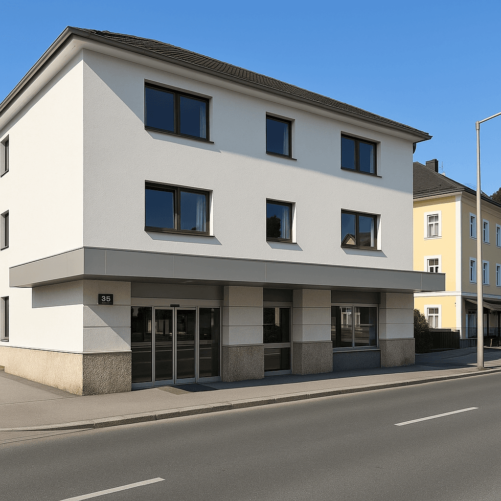 Straßenansicht des modernen Gebäudes mit klarem Eingangsbereich und angrenzender Straße.