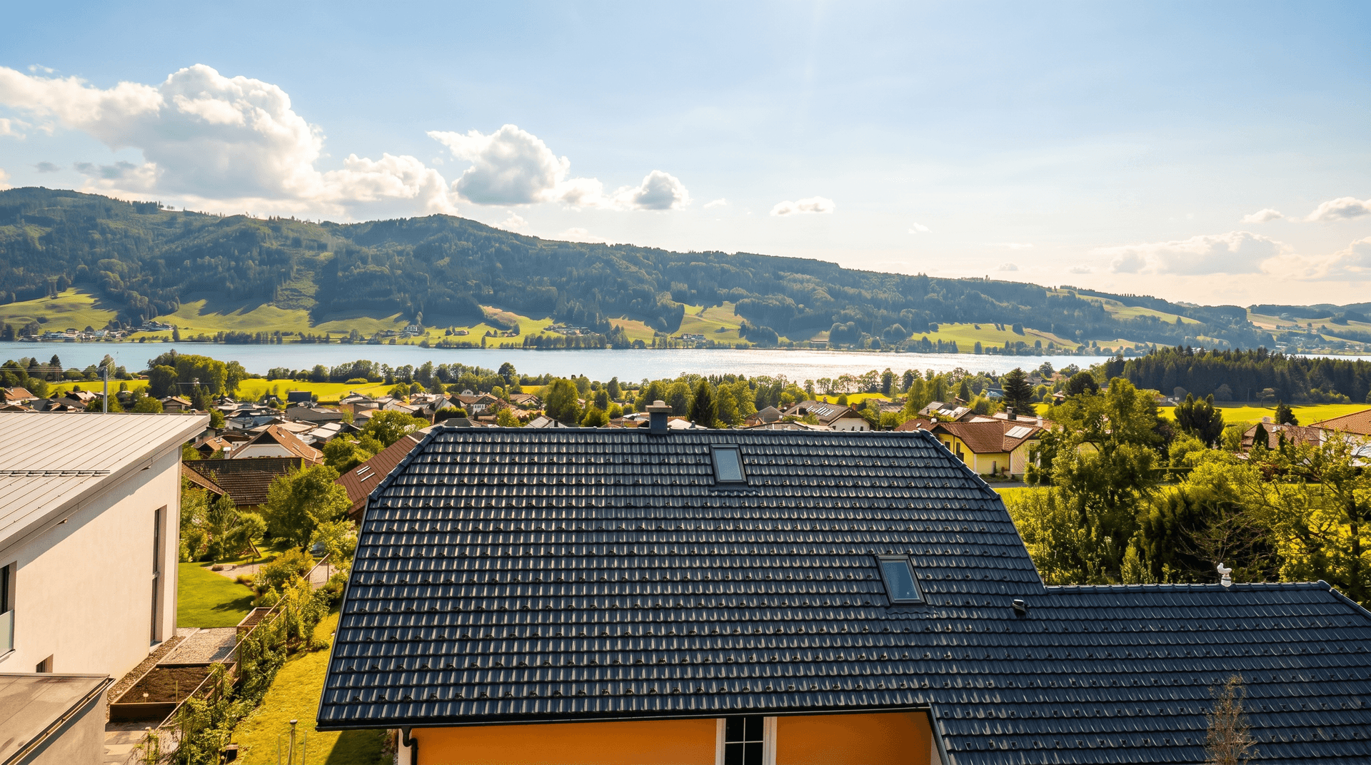 Panoramablick auf eine Wohnsiedlung mit See und bewaldeten Bergen im Hintergrund unter blauem Himmel.