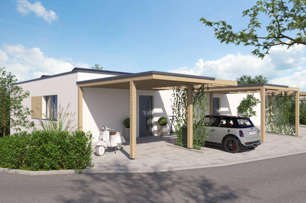 Einfamilienhaus mit moderner Architektur und zwei überdachten Carports für Fahrzeuge.
