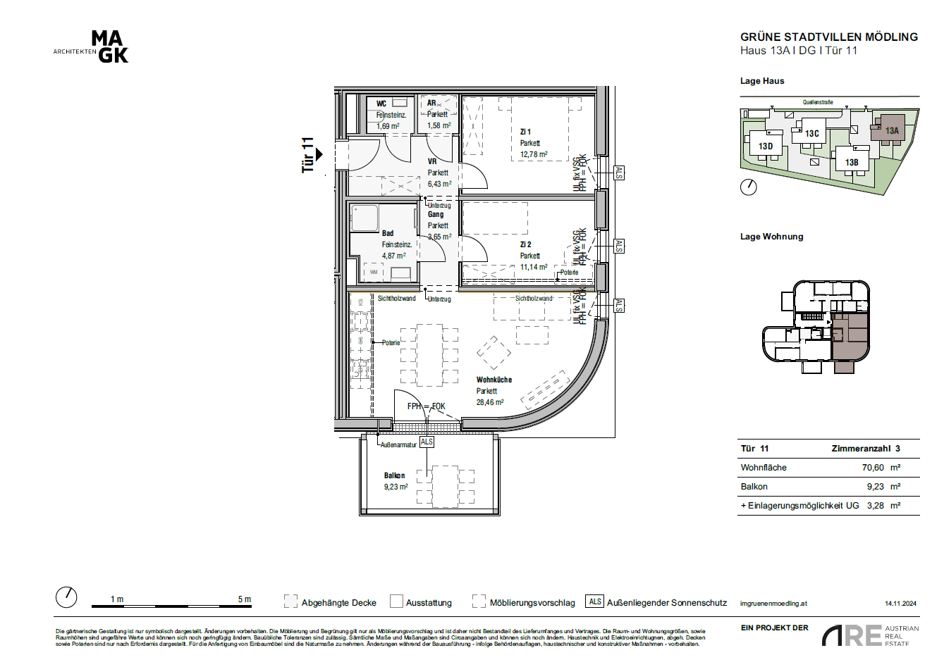 Grundriss einer Wohnung mit drei Zimmern, offenem Wohnbereich, Balkon und zwei Bädern.