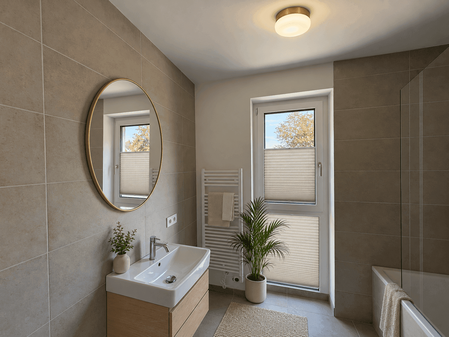 Modernes Badezimmer mit beigen Fliesen, Fenster, beheiztem Handtuchhalter, Badewanne und Dusche.